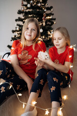 Teenage sisters in red holiday T-shirts sitting at the Christmas tree and celebrating the New Year