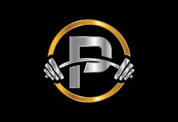 Initial P monogram alphabet with a barbell. Lifting vector logo design. Vector logo for bodybuilding