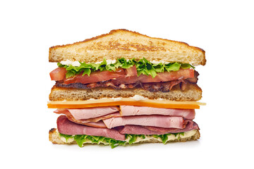 Half of huge club sandwich on white background