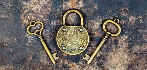 Access, security, privacy concept, vintage keys and padlock banner