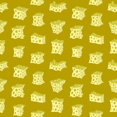 Ornament of cheese cubes. Vector seamless pattern. Sponge. Design print for textile, fabric, wallpaper, background.