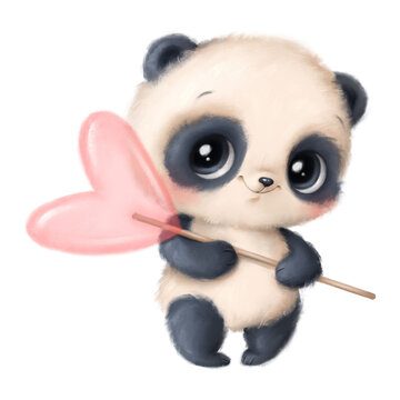 Illustration of cute cartoon valentine's day panda. Valentine's day animals.