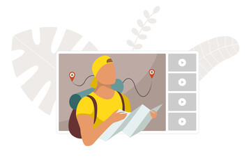 Travel blog channel. Tourist man vlogger holding map and looking route on online video player interface. Male backpacker influencer searching right direction. Traveler vlog stream vector illustration