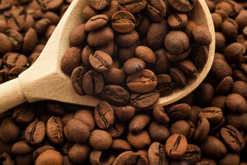 Coffee beans . Coffee beans lie in a wooden spoon close-up