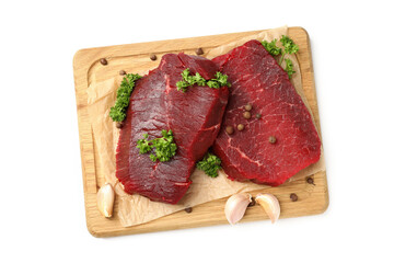 Concept of cooking with raw steak isolated on white background