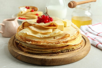 Concept of tasty food with crepes, close up