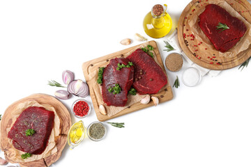 Concept of cooking with raw steak on white background