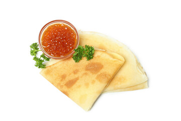 Crepes with caviar isolated on white background