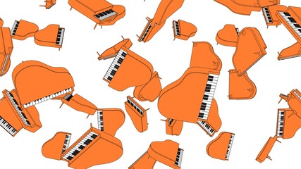 Many orange pianos on white background.
Toon style 3DCG illustration.