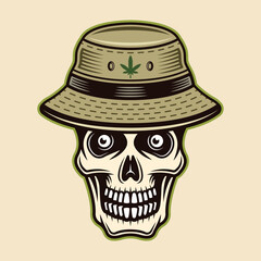 Skull in bucket hat with marijuana leaf character colorful vector illustration in cartoon style isolated on light background
