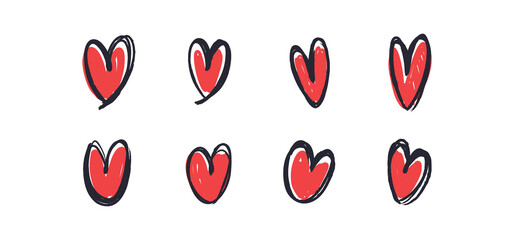 Hand drawn hearts. Heart icon doodle illustrations. Valentine's day sketched symbols.