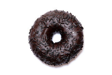 Chocolate glazed donut with chocolate sprinkles isolated white background top view