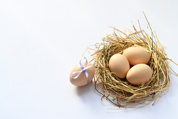 Three eggs in the nest and one Easter egg decorated with a bow outside the nest.