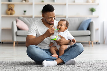 Caring Black Dad Feeding His Adorable Infant Baby From Spoon At Home - obrazy, fototapety, plakaty