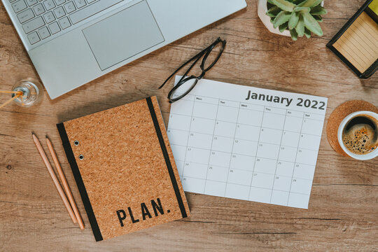 Top view of calendar for planning for January 2022