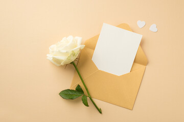 Top view photo of open pastel yellow envelope with paper sheet white hearts and white rose on...