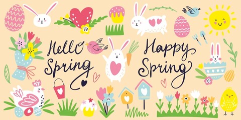 Vector spring collection of drawings by hand on the theme of Easter