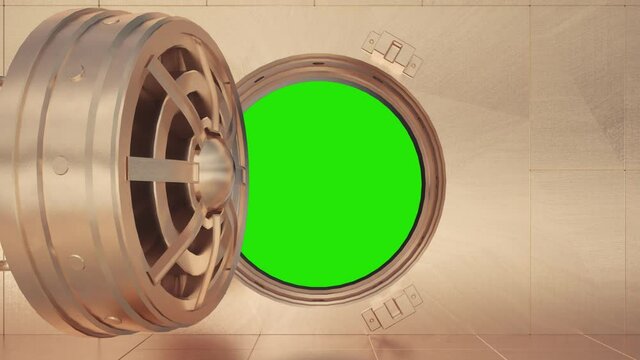 Bank vault. Round vault metal door opening out slow with lock mechanism turning. Security business and technology concept