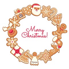 Christmas gingerbread cookies. Traditional festive food. Colorful vector illustration