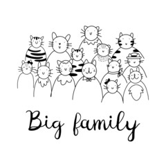 Cute doodle cat family in line art style with text lettering - Big family, isolated vector illustration