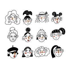 Hand drawn set with different girls and women head avatars in cute linear style, isolated vector illustration