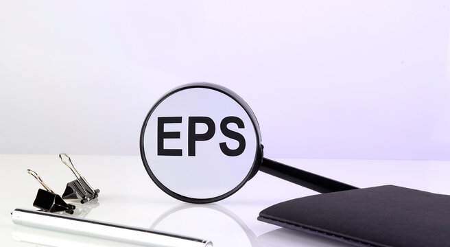 EPS text concept. Magnifier glass with text with notebook and pen,business