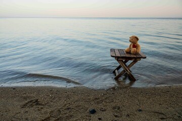 Fototapeta na wymiar Teddy bear sits on the table and watches sunrise. 