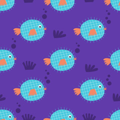Ocean themed seamless pattern with puffer fish. Vector illustration.