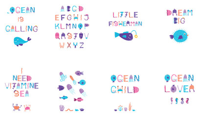 Ocean related quotes. Poster set. Vector illustration.