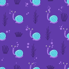 Ocean themed seamless pattern with snails. Vector illustration.