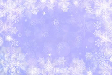 Naklejka na ściany i meble Abstract blurred festive light blue winter christmas or Happy New Year background texture with shiny blue and white bokeh lighted glittering snowflakes and stars. Space for your design. Card concept.