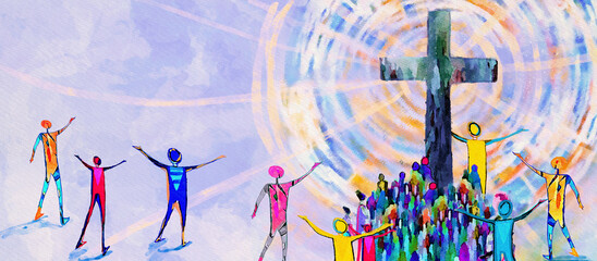 People at the Cross of Jesus Christ. Watercolor christian banner