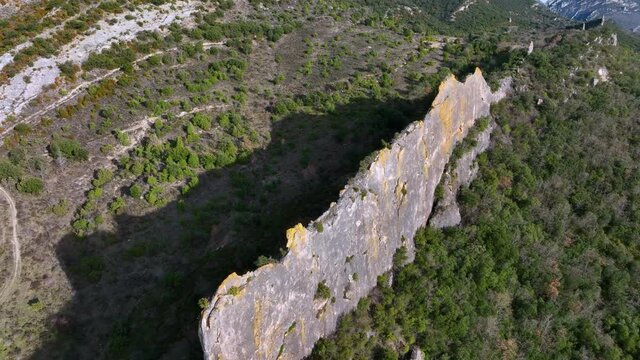 Aerial view of the landscape around the Romanesque Hermitage of San Pedro de Tejada in Puente-Arenas, in the municipality of Merindad de Valdivielso in Burgos. Burgos, autonomous community of Castilla