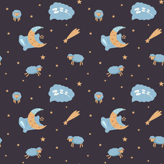 Seamless pattern for dreams. Sheep, a sleeping moon on the background of the starry sky.Color vector illustration.