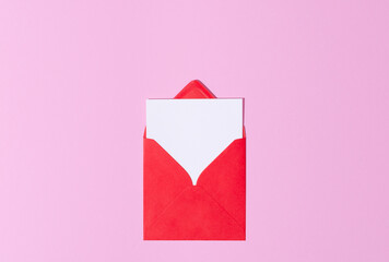 Red envelope with greeting square card mockup invitation on pink background banner. St Valentine, Mother's Day. 