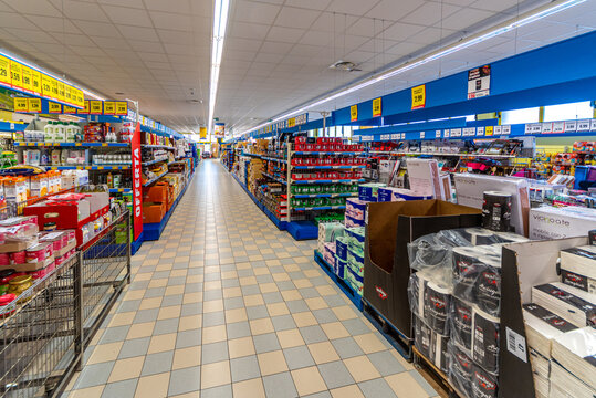 Fossano, Italy - October 29, 2021: interior view of sales shelves of Eurospin discount supermarket . It is an Italian company in the large-scale distribution of the discount channel