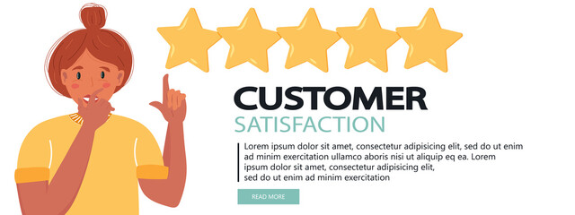 Concept of feedback, testimonials messages and notifications. Rating on customer service illustration. Five big stars with reviewer. Flat vector