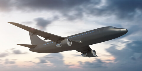 Fast Flying Black Airplane Over the Clouds at Sunset