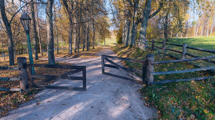 a narrow dirt path leading through an open wooden gate into a field. Mikhailovskoe. Pushkin mountains. Pskov. Russia - 478844373