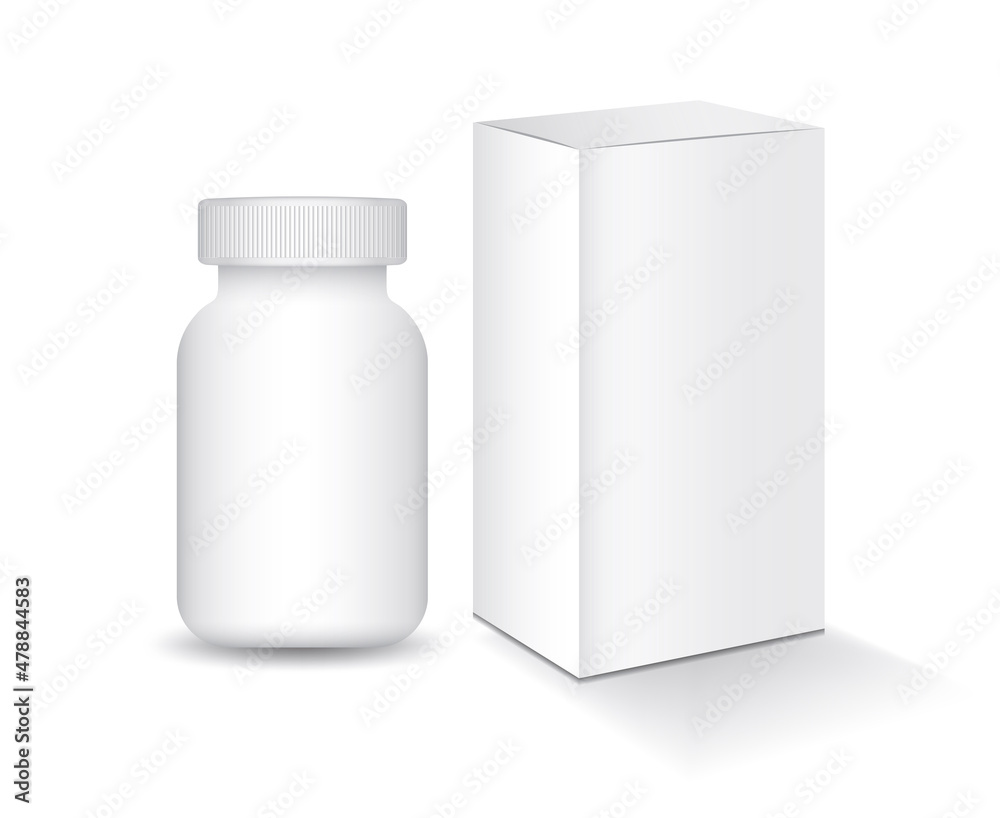 Canvas Prints 3d supplement bottle with white box mockup vector illustration. 3d plastic Pills box, White medical container. healthcare bottle template. Realistic 3d mock-up. product design. Cosmetic package.