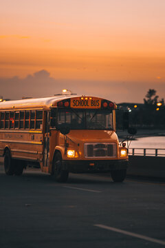 bus on the road school yellow sky orange Miami Florida usa  