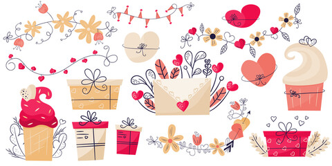 Set for valentines day romantic love clipart with cupcakes, hearts and garlands. Pink boxes gifts, an envelope with hearts and leaves. Vector illustration in flat hand style