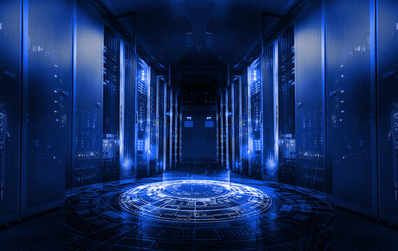 3D Render Big data abstract visualization. Futuristic aesthetic design. Big data background with HUD elements. on storage tapes in modern internet data center room