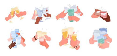 Friends hands holding glasses and mugs with drinks full of champagne, wine, beer, cocktail and tea or coffee cheers or drinking toast to friendship