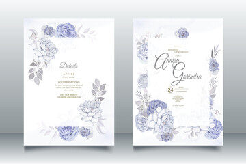 Romantic Wedding invitation card template set with blue floral leaves Premium Vector 
