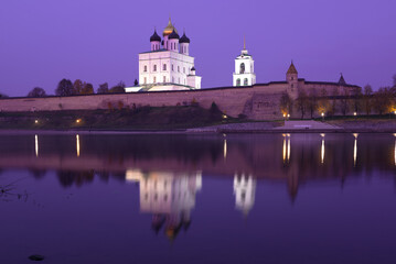 Purple October twilight at the Pskov Kremlin. Russia