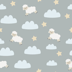 seamless pattern with cute lamb, clouds and stars in the sky. baby flat illustration of a sheep on the night sky, baby sleep concept, dreams. seamless texture for wallpaper, textile, wrapping paper