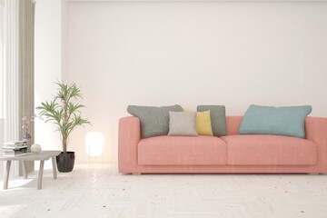 White living room with sofa. Scandinavian interior design. 3D illustration