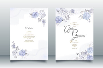 Romantic Wedding invitation card template set with blue floral leaves Premium Vector