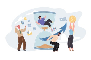 Vector cartoon flat characters,specialists team work with online apps elements,trying to help customer who trapped in huge hourglass-professional business workflow concept,site banner ad design
